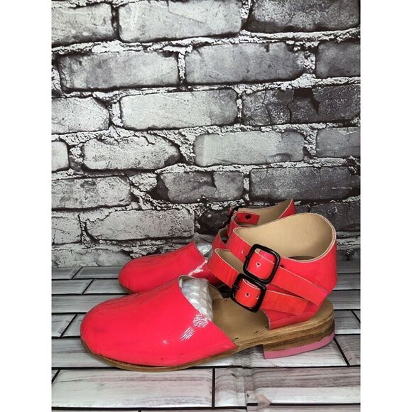 Hot Pink Patent Leather Handmade Ankle Strap Clogs Shoes Women Sz 38EU/7.5M US - Picture 1 of 16